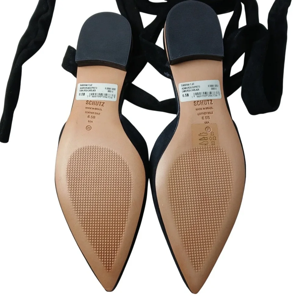 NIB Schutz Barbrah Black Suede Pointed Toe Ankle Tie Wrap D'Orsay Flats Size 6.5